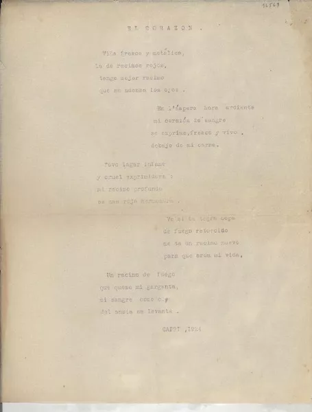 El corazón  [manuscrito] [Gabriela Mistral].