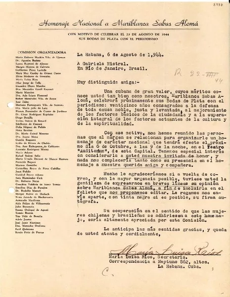 [Carta] 1944 ago. 6, La Habana, Cuba [a] Gabriela Mistral, Río de Janeiro, Brasil  [manuscrito] María Luisa Ríos.