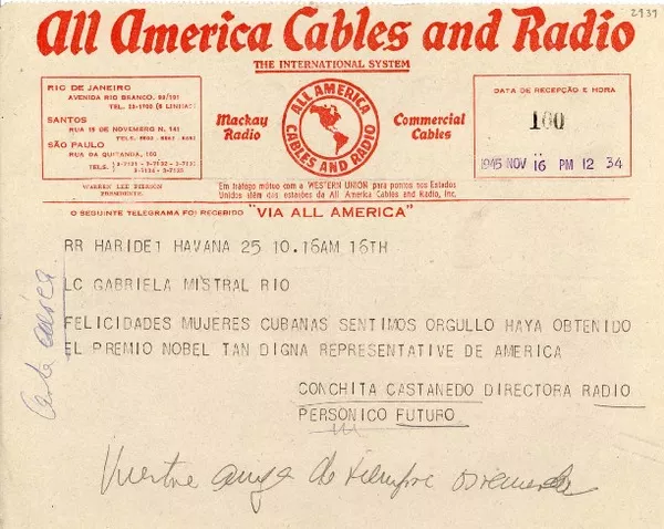 [Telegrama] 1945 nov. 16, Havana, [Cuba] [a] Gabriela Mistral, Rio [de Janeiro], [Brasil]  [manuscrito] Conchita Castanedo.