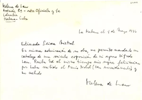 [Carta] 1946 mayo 1, Habana, Cuba [a] [Gabriela] Mistral  [manuscrito] Helena de Lam.