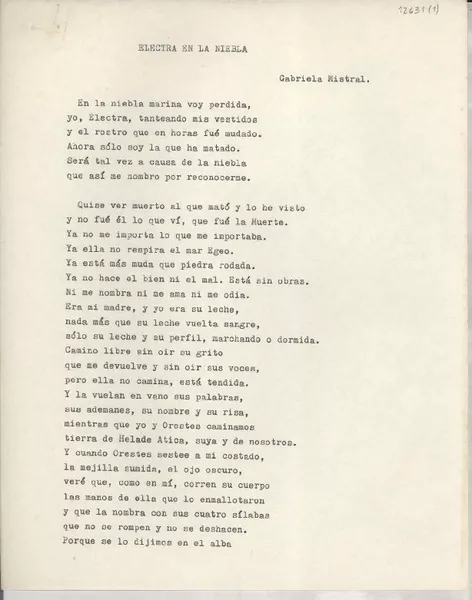 Electra en la niebla  [manuscrito] Gabriela Mistral.