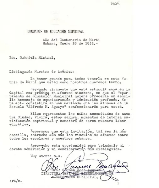 [Carta] 1953 ene. 29, Habana, [Cuba] [a] Gabriela Mistral  [manuscrito] Carmen Rosa Aguiar.