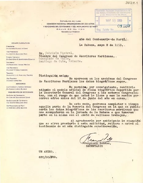 [Carta] 1953 mayo. 5, La Habana [a] Gabriela Mistral, Santiago de Cuba  [manuscrito] Francisco Ichaso.