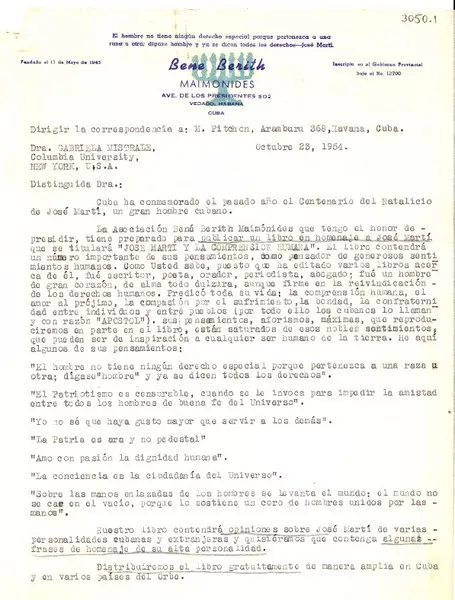 [Carta] 1954 oct. 23, Havana, Cuba [a] Gabriela Mistrale [i.e. Mistral], Columbia University, New York, EE.UU.  [manuscrito] Marco Pitchón.