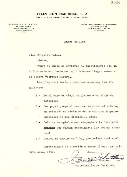 [Carta] 1954 ene. 21, La Habana, Cuba [a] Margaret Bates, La Habana  [manuscrito] Jorge Ubieta Blanco.