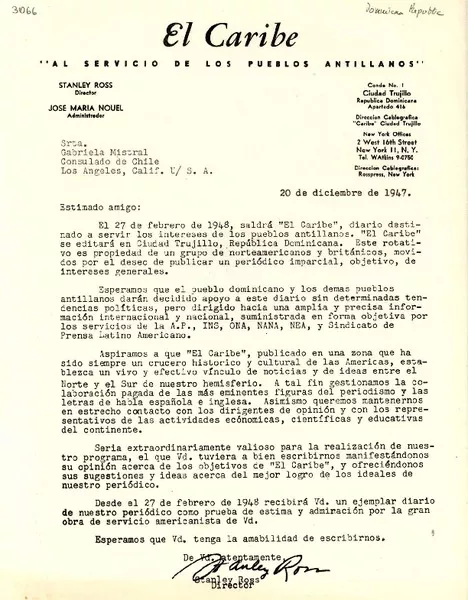 [Carta] 1947 dic. 20, Trujillo, República Dominicana [a] Gabriela Mistral, Consulado de Chile, Los Angeles, Calif., [EE.UU.]  [manuscrito] Stanley Ross.