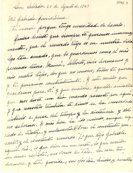 [Carta] 1943 ago. 20, San Salvador, El Salvador [a] Gabriela Mistral  [manuscrito] Margot M. de Guerra Trigueros.