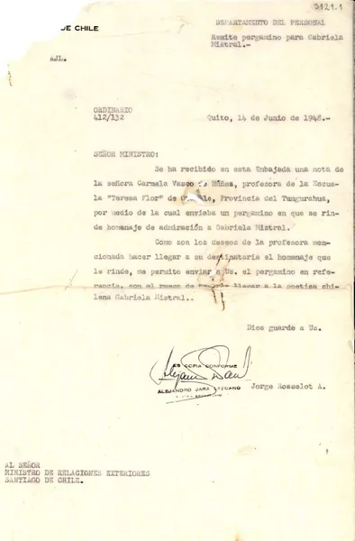 [Carta] 1948 jun. 14, Ambato, Ecuador [a] Ministro de Relaciones exteriores de Chile  [manuscrito] Jorge Rosselot A.