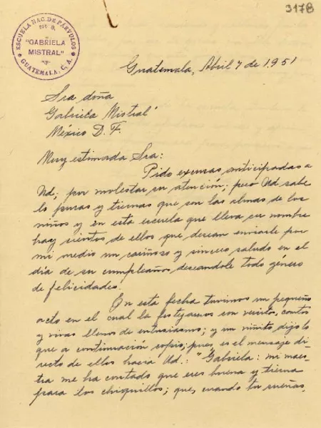 [Carta] 1951 abr. 7, Guatemala [a] Gabriela Mistral, México D.F  [manuscrito] Otilia Nuñez.