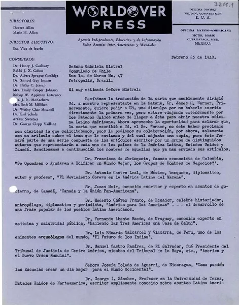 [Carta] 1943 feb. 25, Cuernavaca, México [a] Gabriela Mistral  [manuscrito] Devere Allen.