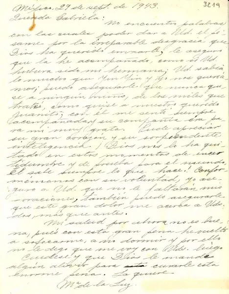 [Carta] 1943 sept. 29, México [a] Gabriela Mistral  [manuscrito] María de la Luz.