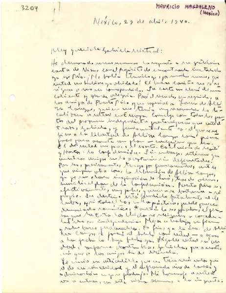 [Carta] 1940 abr. 29, México [a] Gabriela Mistral  [manuscrito] Mauricio Magdaleno.