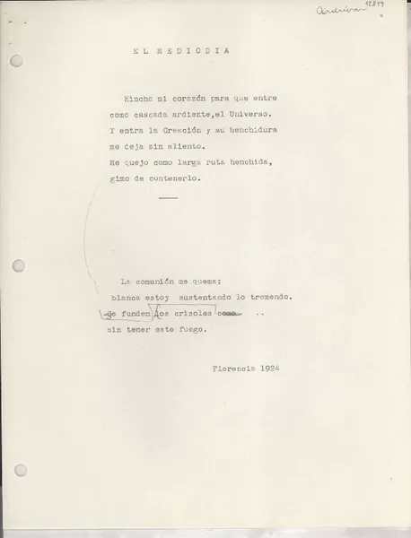 El mediodía  [manuscrito] [Gabriela Mistral].