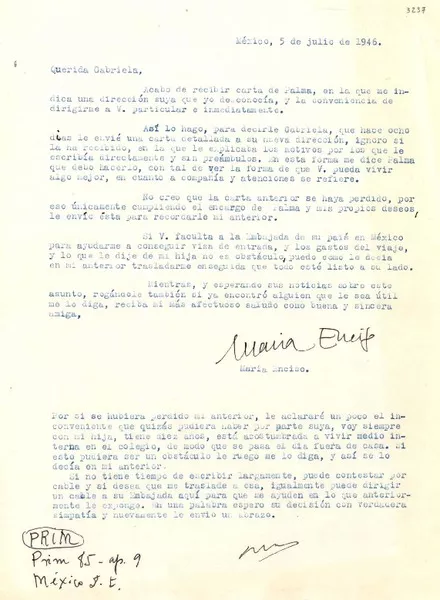 [Carta] 1946 jul. 5, México [a] Gabriela Mistral  [manuscrito] María Enciso.