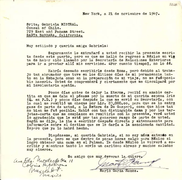 [Carta] 1947 nov. 21, New York, [EE.UU.] [a] Gabriela Mistral, Santa Bárbara, California, [EE.UU.]  [manuscrito] Mario Garza Ramos.