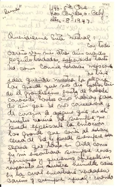 [Carta] 1947 dic. 8, Los Angeles, Calif., [EE.UU.] [a] Gabriela Mistral  [manuscrito] De una amiga.