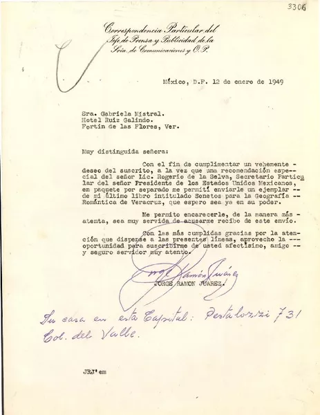 [Carta] 1949 ene. 12, México, D. F. [a] Gabriela Mistral, Fortín de las Flores, Veracruz, [México]  [manuscrito] Jorge Ramón Juárez.