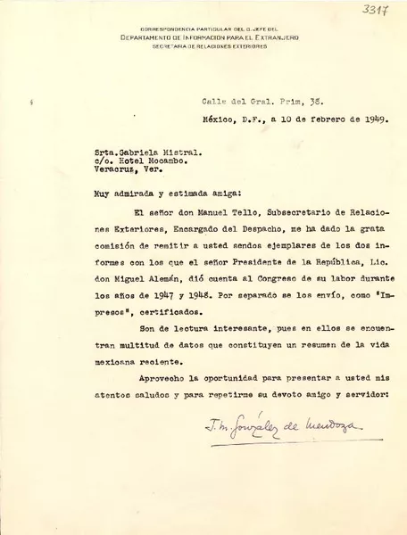 [Carta] 1949 feb. 10, México D.F [a] Gabriela Mistral, Veracruz  [manuscrito] J.M González de Mendoza.