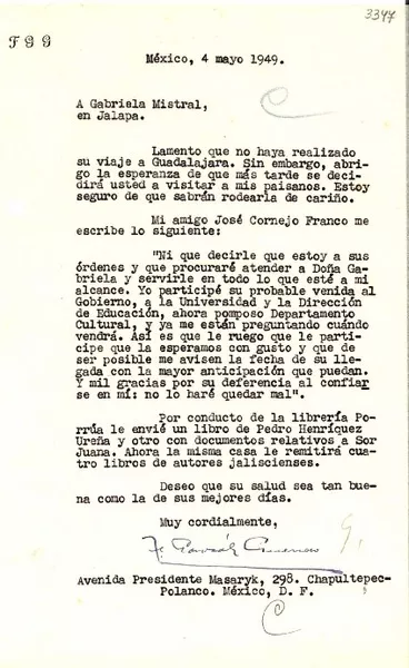 [Carta] 1949 mayo 4, México, D. F. [a] Gabriela Mistral, Jalapa, [México]  [manuscrito] Francisco González Guerrero.