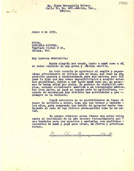 [Carta] 1950 jun. 4, Mérida, Yuc., México [a] Gabriela Mistral, Jalapa, Ver., [México]  [manuscrito] María Elena Manzanilla Moreno.