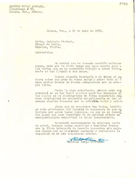[Carta] 1951 mayo 11, Jalapa, Ver., México [a] Gabriela Mistral, Cónsul de Chile, Nápoles, Italia  [manuscrito] Aristeo Rivas Andrade.