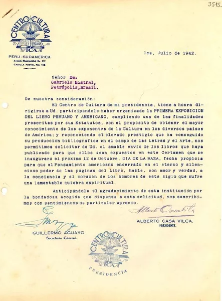 [Carta] 1942 jul., Ica, [Perú] [a] Gabriela Mistral, Petrópolis, Brasil  [manuscrito] Centro de Cultura Ica.