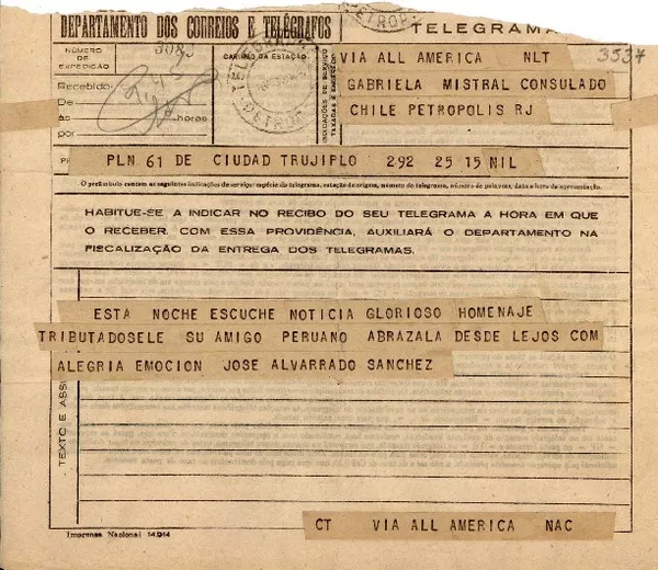 [Telegrama] 1945 nov. [17], Trujillo, [Perú] [a] Gabriela Mistral, Consulado Chile, RJ, Petrópolis, [Brasil]  [manuscrito] José Alvarrado [i.e. Alvarado] Sánchez.
