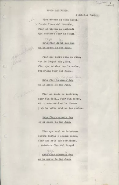 Ronda del fuego  [manuscrito] [Gabriela Mistral].