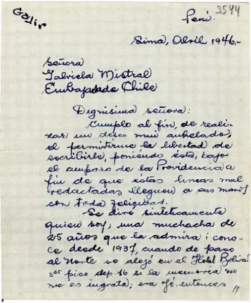[Carta] 1946 abr., Lima, Perú [a] Gabriela Mistral, Embajada de Chile  [manuscrito] Gabriela de Riva.