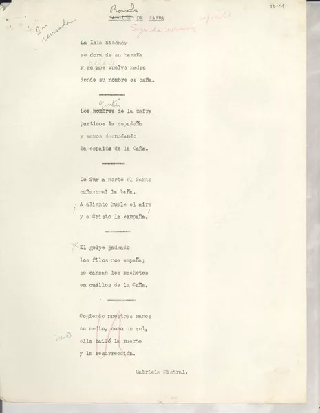 Canción de zafra  [manuscrito] [Gabriela Mistral].