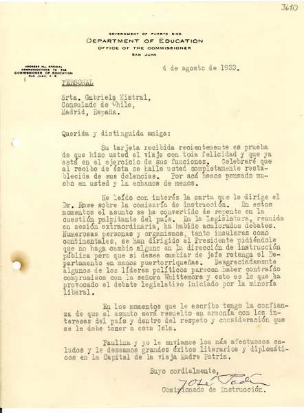 [Carta] 1933 ago. 4, San Juan, [Puerto Rico] [a] Gabriela Mistral, Madrid, España  [manuscrito] José Padín.
