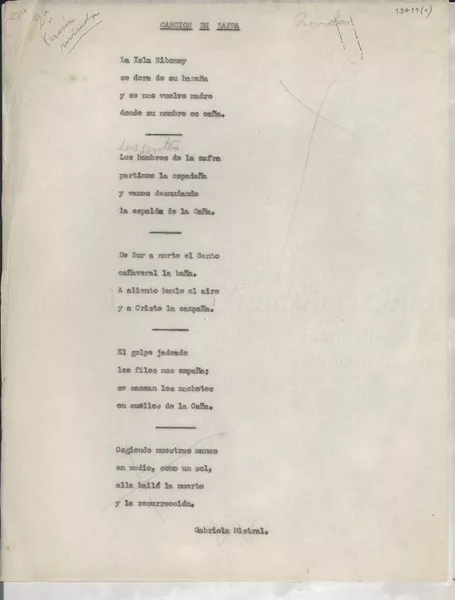 Canción de zafra  [manuscrito] Gabriela Mistral.