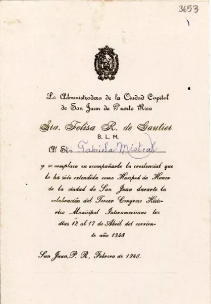 [Tarjeta] 1948 abr., San Juan, Puerto Rico [a] Gabriela Mistral  [manuscrito] Felisa R. de Gautier.