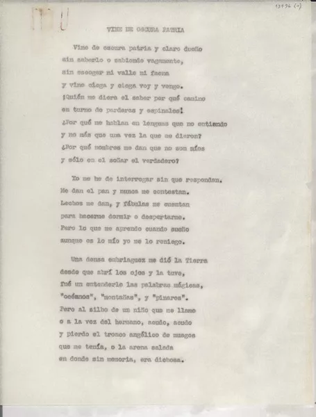 Vine de oscura patria  [manuscrito] [Gabriela Mistral].