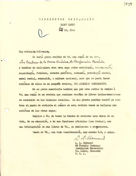 [Carta] 1944 ago. 12, Saint Louis, Missouri, [EE.UU.] [a] Gabriela Mistral  [manuscrito] L. L. Bernard.