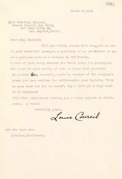 [Carta] 1946 mar. 27, Altadena, California [a] Gabriela Mistral, Los Ángeles, California  [manuscrito] Louis Courcil.