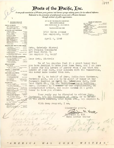 [Carta] 1946 abr. 2, Los Ángeles, California [a] Gabriela Mistral, Los Ángeles, California  [manuscrito] Gertrude M. New.