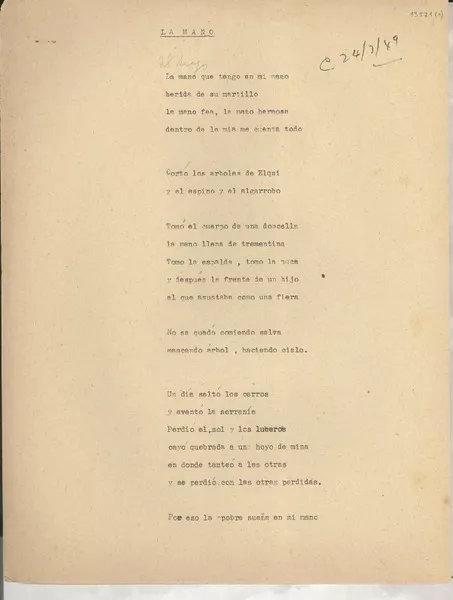 La mano  [manuscrito] [Gabriela Mistral].