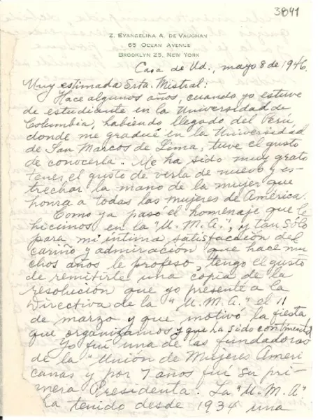 [Carta] 1946 mayo 8 [a] Srta. [Gabriela] Mistral  [manuscrito] Zolia Evangeline A. Vaughan.