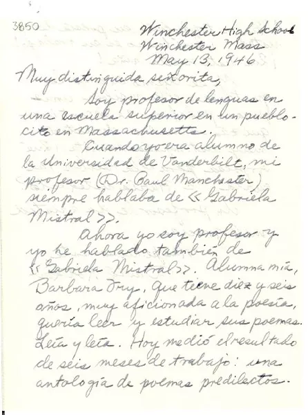 [Carta] 1946 mayo 13, Winchester, Massachusetts [a] Gabriela Mistral  [manuscrito] David Kotkov.