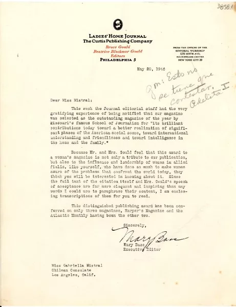 [Carta] 1946 mayo 20, Philadelphia [a] Gabriela Mistral, Los Ángeles, California  [manuscrito] Mary Bass.