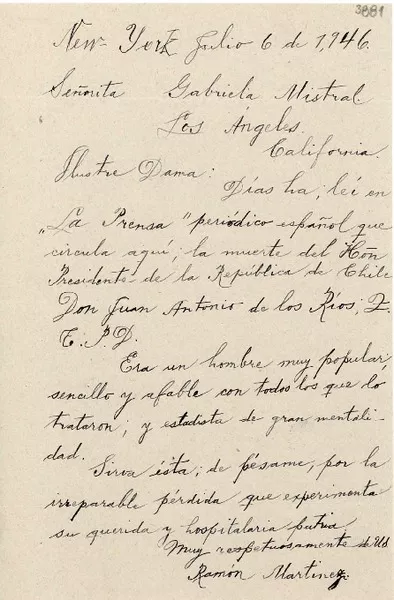 [Carta] 1946 jul. 6, N. York [a] Gabriela Mistral, Los Angeles, California  [manuscrito] Ramón Martínez.