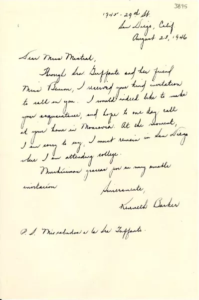 [Carta] 1946 ago. 23, San Diego, California [a] Gabriela Mistral  [manuscrito] Kenneth Barker.