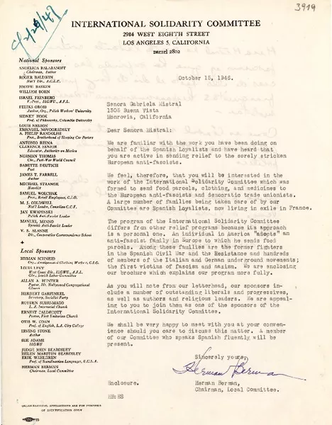[Carta] 1946 oct. 15, Los Angeles, California [a] Gabriela Mistral, Monrovia, California  [manuscrito] Herman Berman.