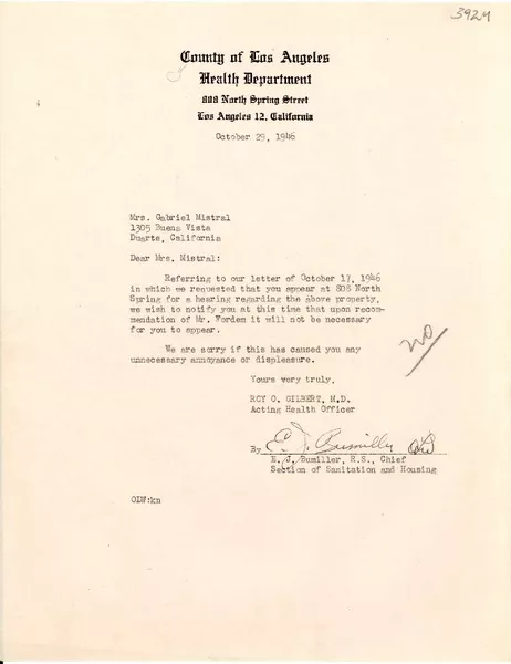 [Carta] 1946 oct. 29, Los Angeles, California [a] Gabriela Mistral, Duarte, California  [manuscrito] E. J. Bumiller.