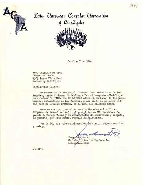 [Carta] 1946 oct. 7, Los Ángeles [a] Gabriela Mistral, Monrovia, California  [manuscrito] Jorge Maroto B.