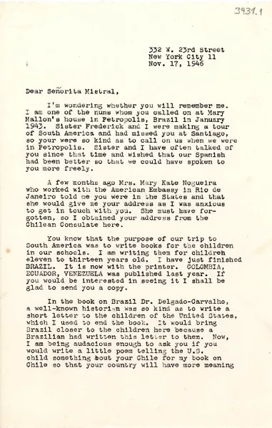 [Carta] 1946 nov. 17, New York, [EE.UU.] [a] [Gabriela] Mistral  [manuscrito] Sister M. Patrice McNamara.