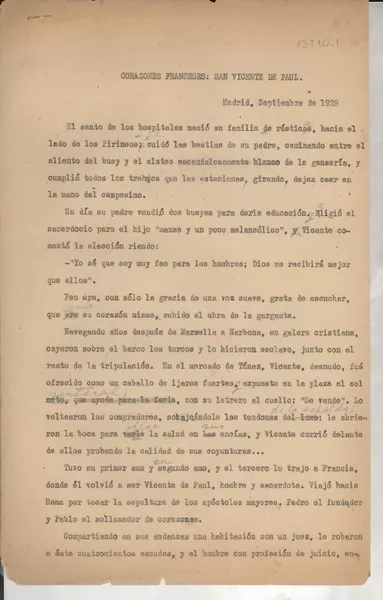 Corazones franceses : san Vicente de Paul [manuscrito] Gabriela Mistral.
