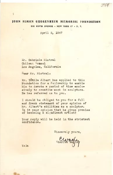[Carta] 1947 abr. 2, New York [a] Gabriela Mistral, Los Ángeles, California  [manuscrito] Charles Wagley.