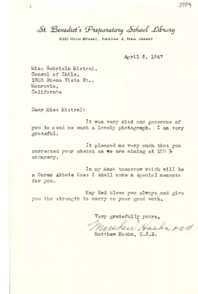 [Carta] 1947 abr. 5, New Jersey [a] Gabriela Mistral, Monrovia, California  [manuscrito] Matthew Hoehn.